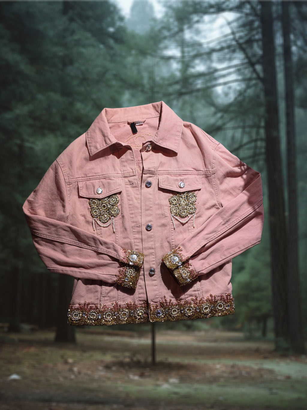• i wept in pearls & fractals • upsycled & handcrafted pink denim jacket