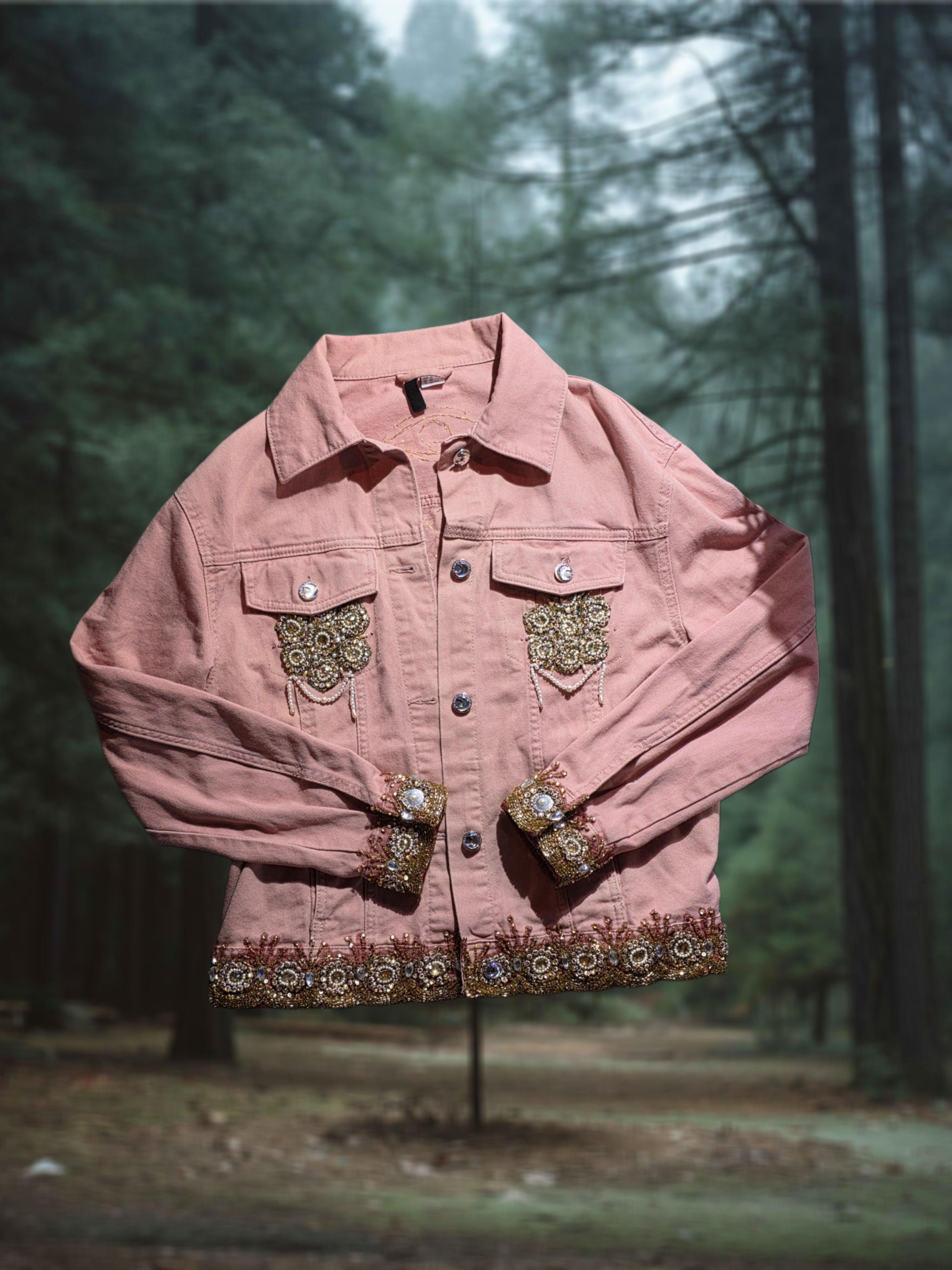 • i wept in pearls & fractals • upsycled & handcrafted pink denim jacket