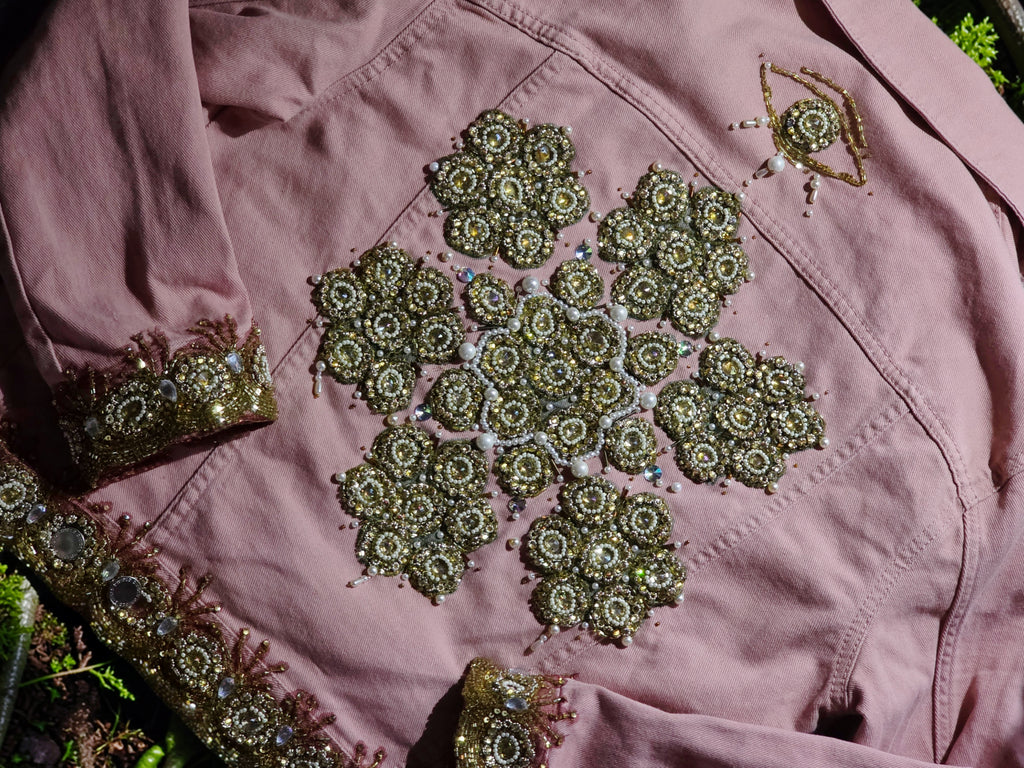 • i wept in pearls & fractals • upsycled & handcrafted pink denim jacket