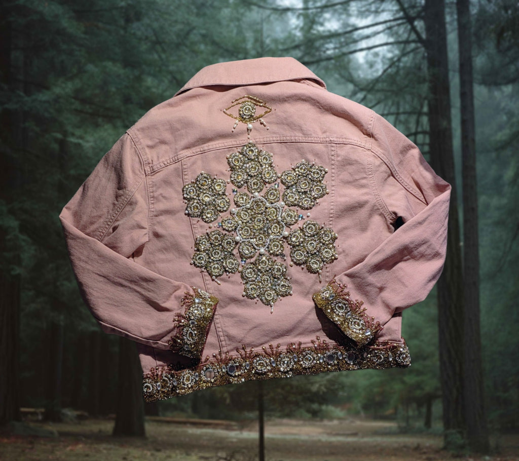 • i wept in pearls & fractals • upsycled & handcrafted pink denim jacket