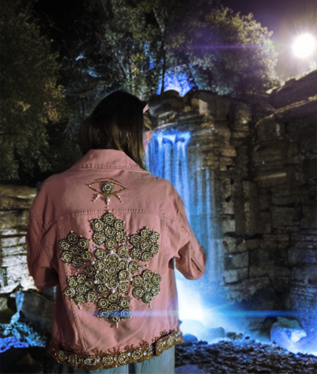 • i wept in pearls & fractals • upsycled & handcrafted pink denim jacket